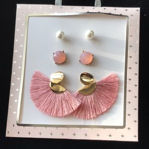 Pink fringe earrings, round stones & faux pearls